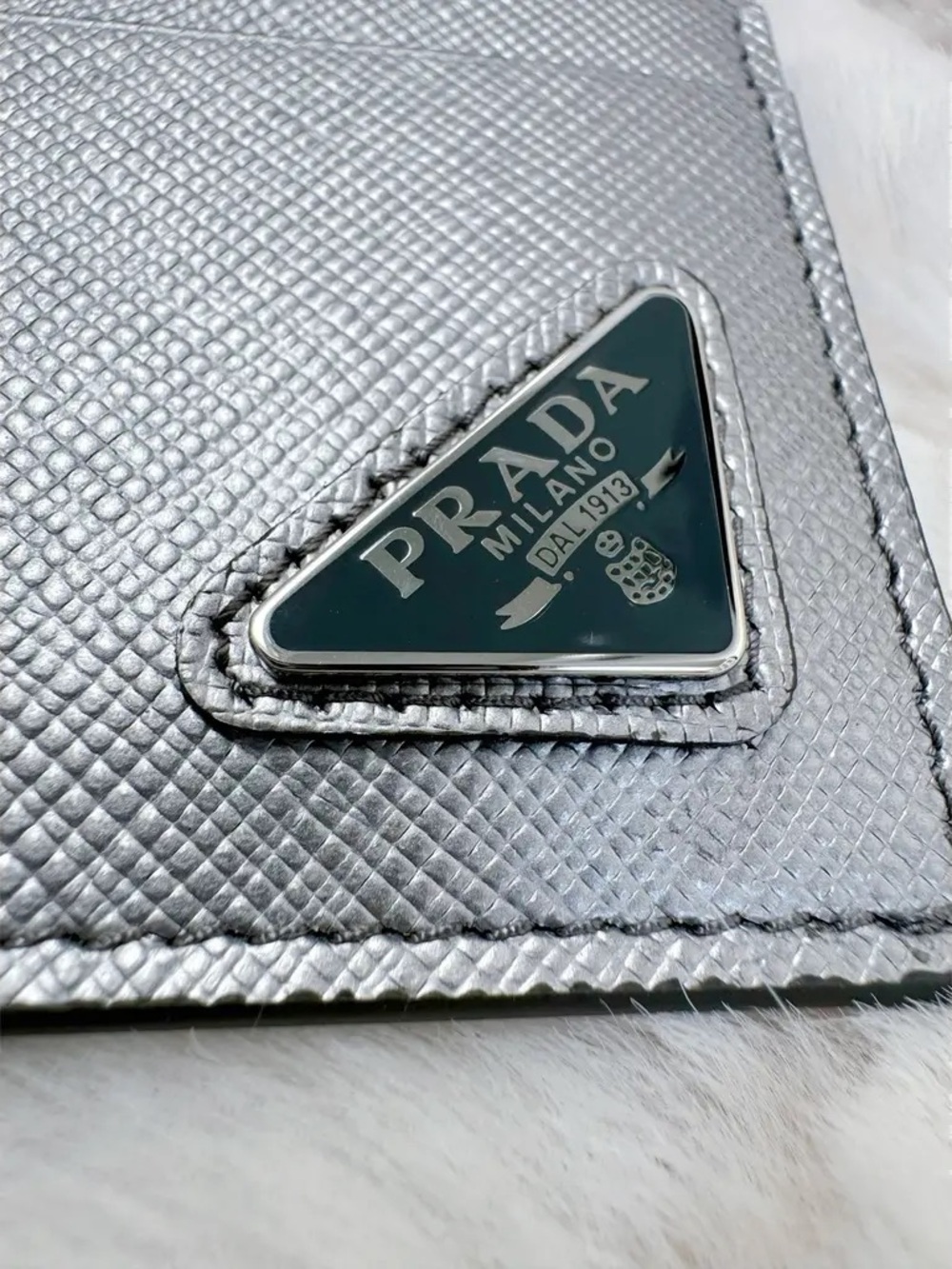 Prada Metallic Silver Saffiano Leather Card Case - Picture 2 of 7